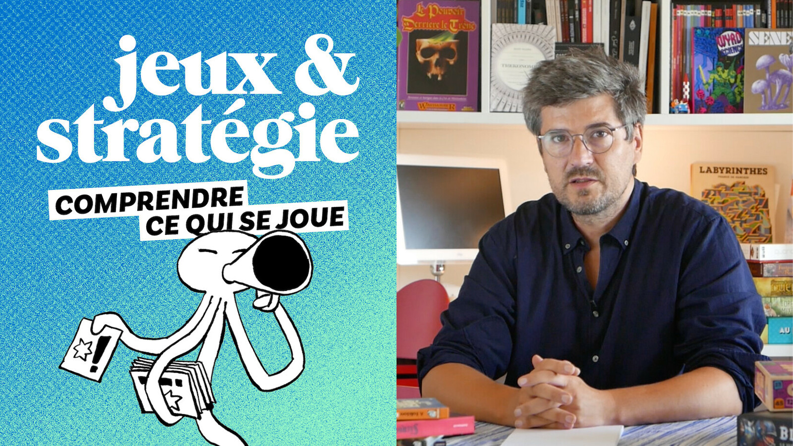 Visuel de la nouvelle revue Jeux & Stratégie avec son logo et un homme devant une bibliothèque de jeux