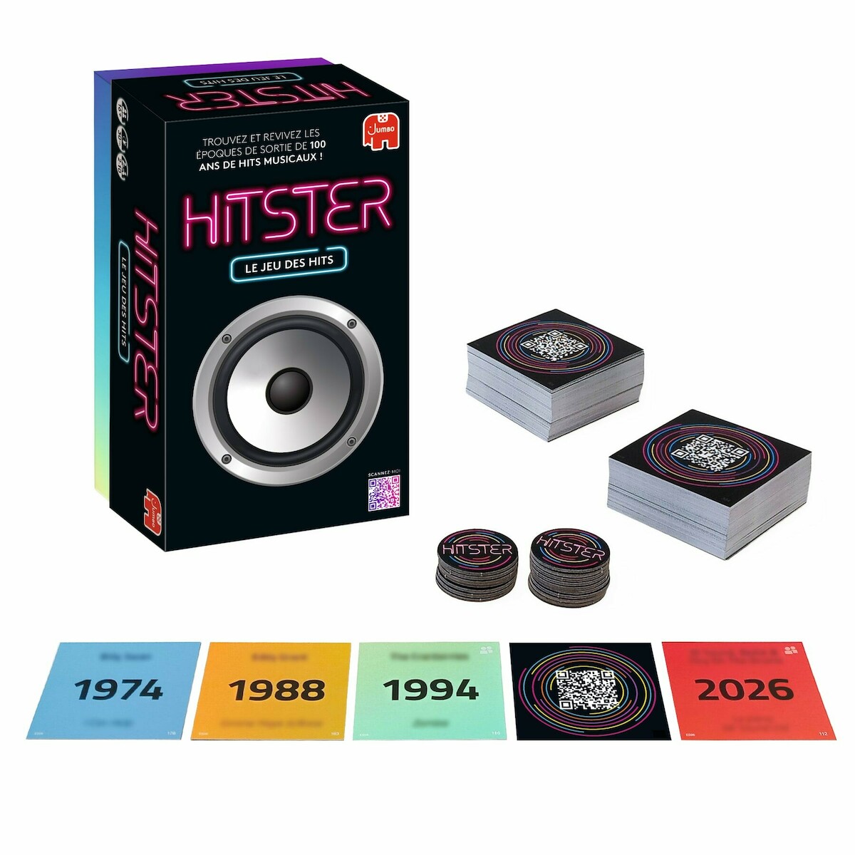 Boîte, cartes à QR code et jetons de Hitster