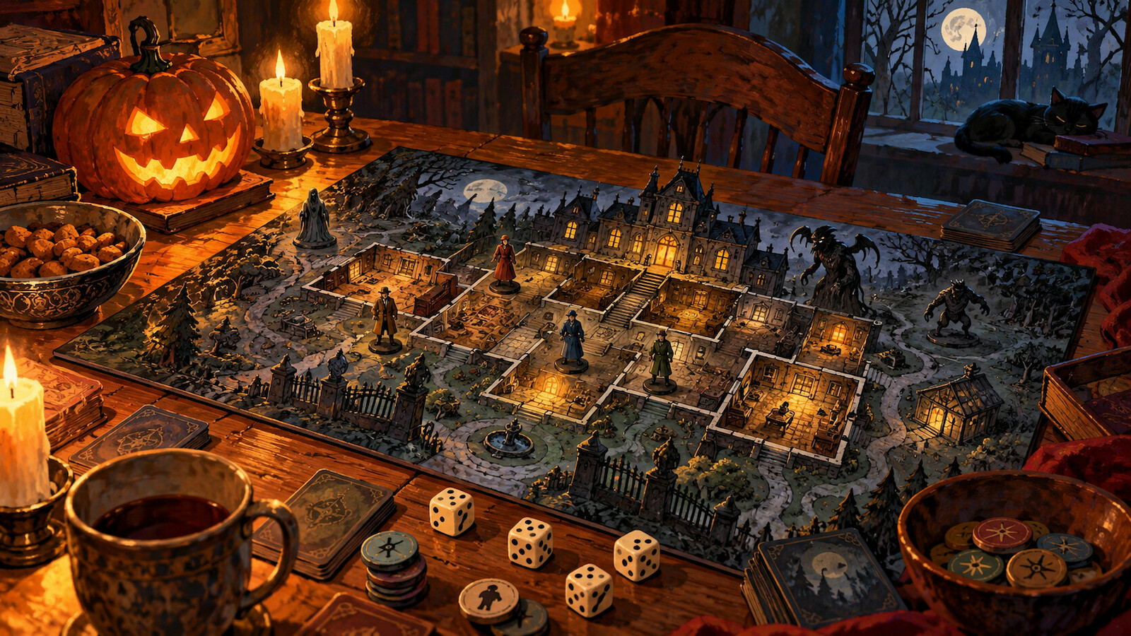 Illustration d’une table de jeu avec un manoir hanté, des figurines, des dés et une citrouille éclairée